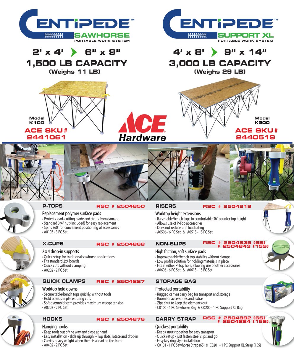 BoraTool's tweet photo. The #CentipedeSawhorse, #CentipedeSupportXL & #CentipedeAccessories can all be ordered with free shipping to your local #AceHardware store. https://t.co/0LxedNA4c6