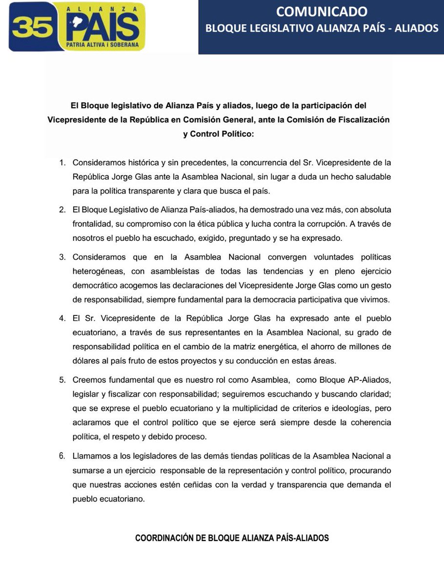 VeroGuevarav's tweet photo. ▶Compartimos comunicado de @BloqueAP35 luego de la participación de @JorgeGlas ante la Comisión General en @AsambleaEcuador https://t.co/hH3bgqYpzp