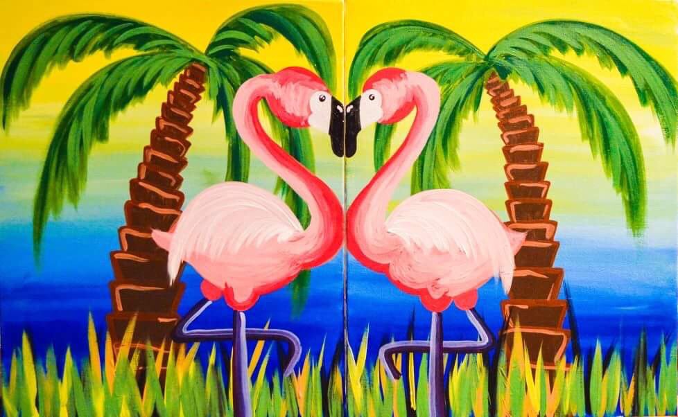 splashstudio's tweet photo. It takes two to tango. #Flamingoed at 6:30PM. #splashpainting #beerandpaint https://t.co/8nTLKfBkvS