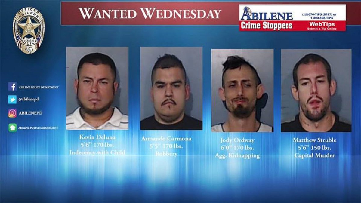 KTABTV's tweet photo. Abilene police are looking for any information on four wanted suspects.
https://t.co/jDcS8tQPI0
#CrimeStoppers #APD #WantedWednesday https://t.co/bL0QxuUMvR