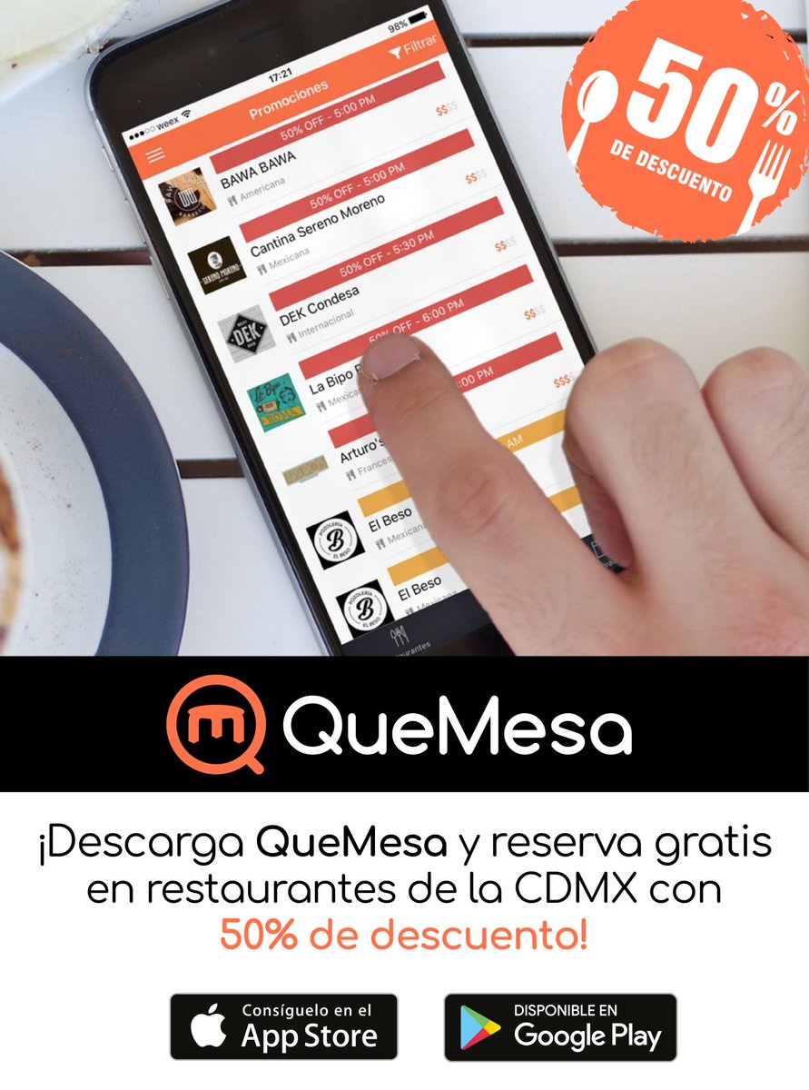 Ayyparfavar's tweet photo. ¿Hambre y no sabes donde? Descarga @QueMesaApp y encontrarás los mejores restaurantes y descuentos #50off #CDMX 👇 https://t.co/iYZwWXpfiG https://t.co/uU9GEWDRN5