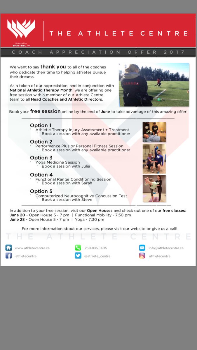 Coach or athletic director?Free treatments, concussion testing, yoga, strength and conditioning sessions! This offer is only for June!