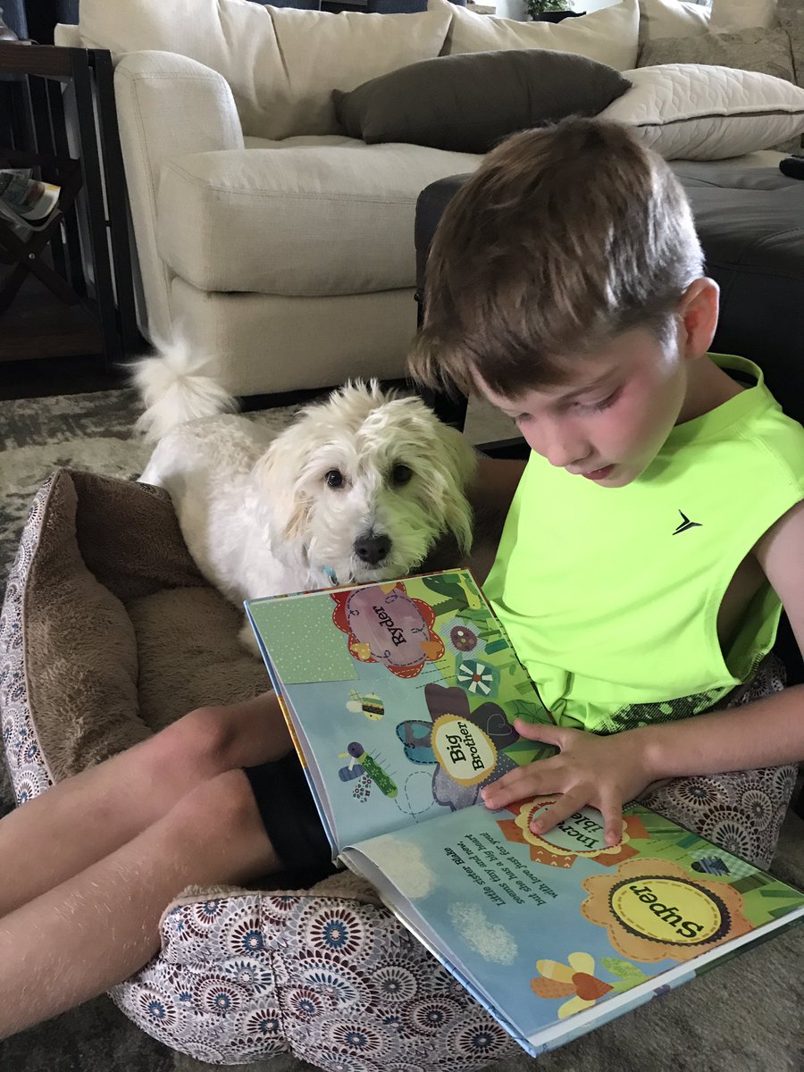 christied30's tweet photo. Ryder White reading to his great dog Scout!!! #LBEdogdays #MISDproud https://t.co/OrGDaeFOL3