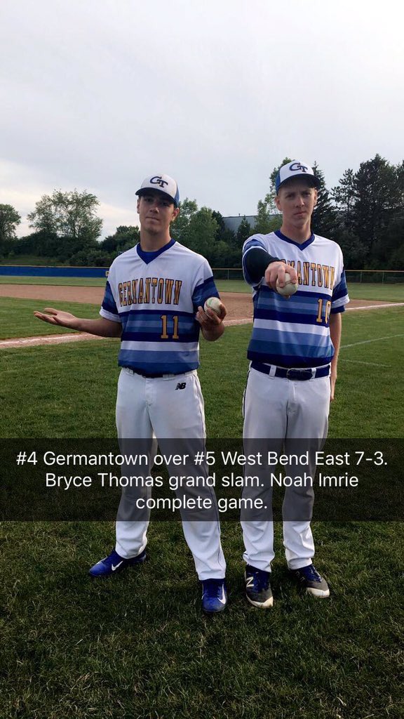 No. 4 Germantown beat No. 5 West Bend East 7-3 behind Bryce Thomas' grand slam and Noah Imrie's complete game on the mound (via @CFix24)