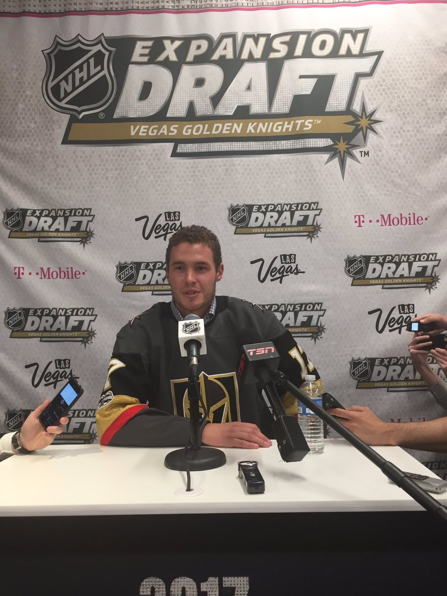 GoldenKnights's tweet photo. Brayden McNabb officially becomes the first player in Golden Knights history to wear an official team jersey. #VegasDraft https://t.co/TySTtP1oWi