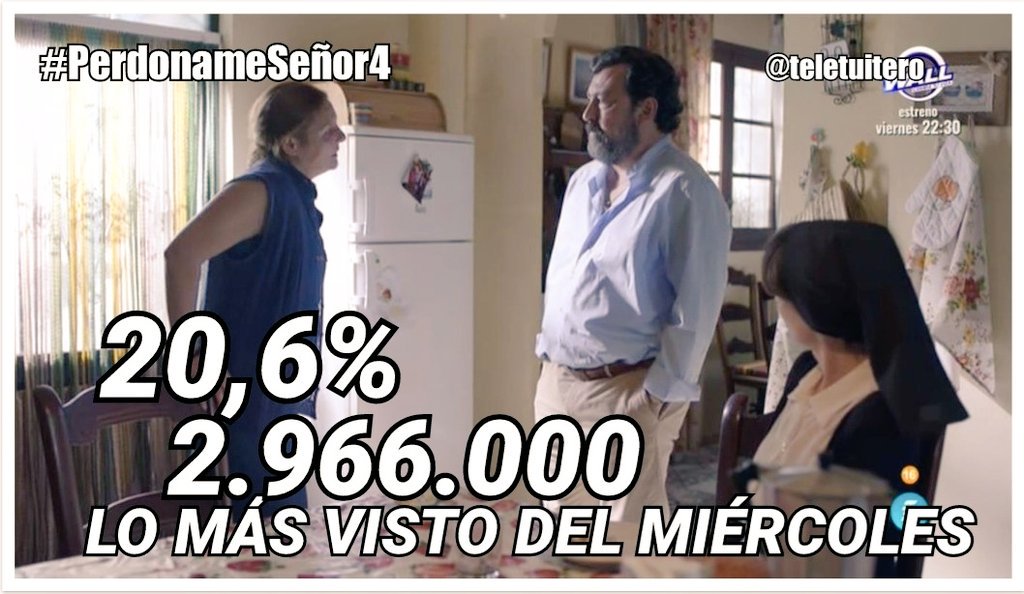 #Audiencias 
#PerdonameSeñor4 lidera y es lo más visto del día con un 20,6% y 2.966.000 espectadores en Telecinco <a href="/PerdonameTV/">Perdóname Señor</a>