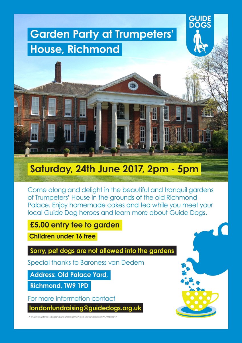 GuideDogsW4's tweet photo. We're so excited for Saturday! Are you? Trumpeters' House is in Old Palace Yard, just off Richmond Green. Come by any time between 2 and 5! https://t.co/e6I7i22PhF