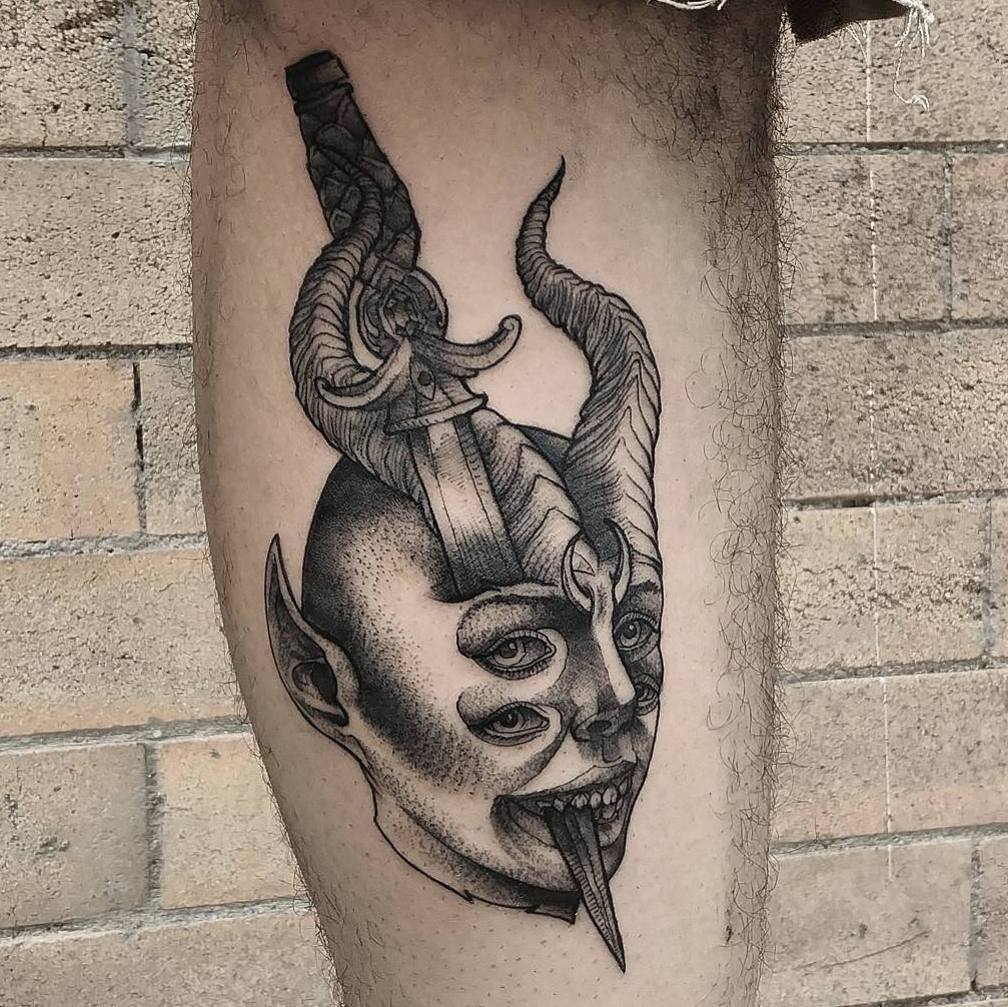 Tattoo Snob on X: "Four Eye Devil by @jonald_juck at Bound By Design in Denver, Colorado. #devil #dagger #horns #jonaldjuck #boundbyd… https://t.co/8X056JPfcl https://t.co/uhlVCJAejx" / X