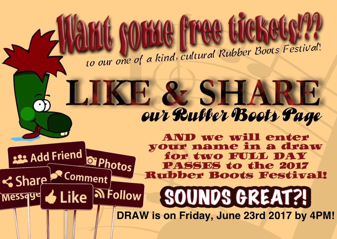 Visit the #RubberBootsFestival Facebook page and Like &amp; Share to enter a chance to win tickets to the the 2017 festival this weekend!