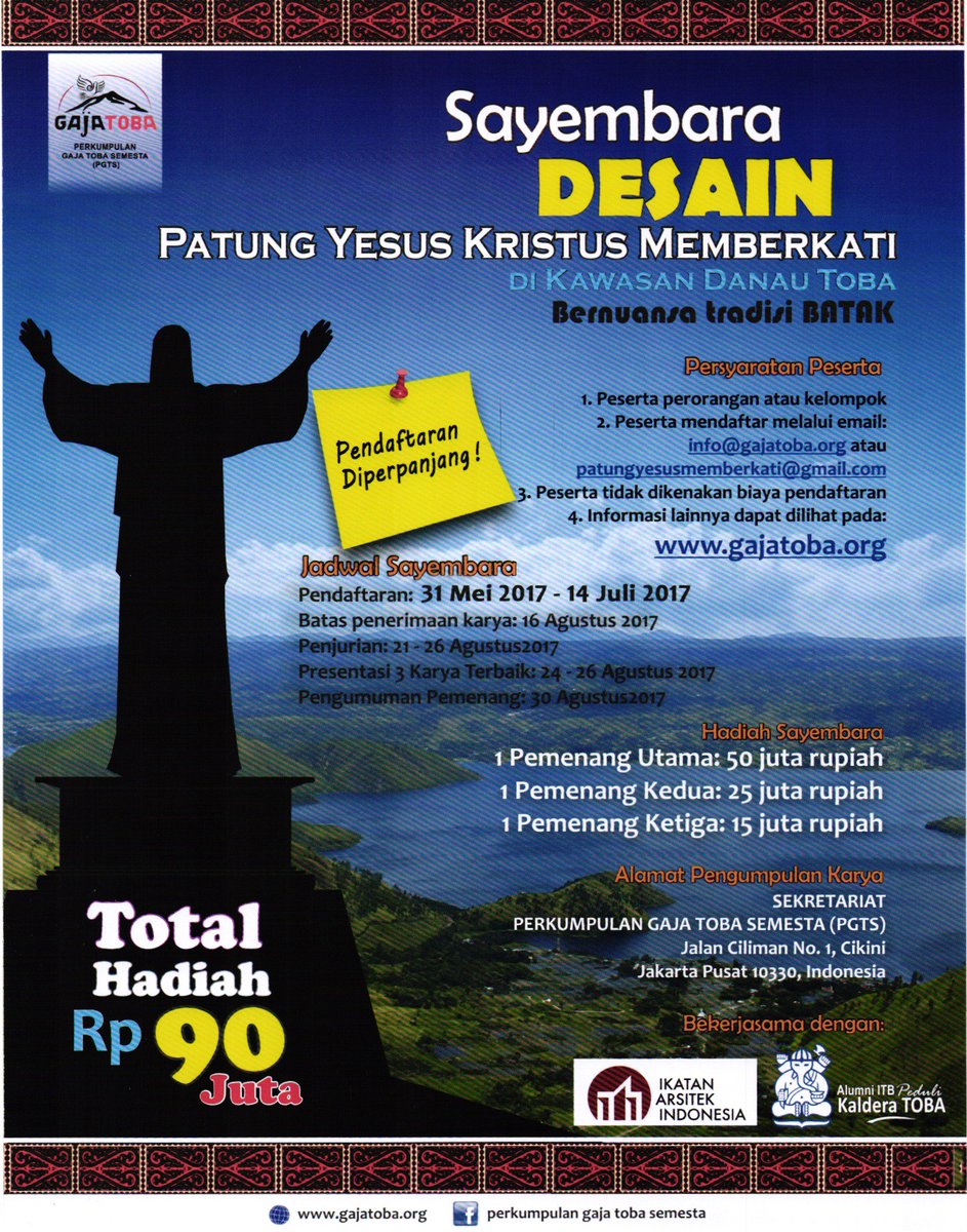 Sayembara Desain Patung Yesus Kristus Memberkati di Danau Toba berhadiah total 90 Juta Rupiah info lebih lanjut: gajatoba.org