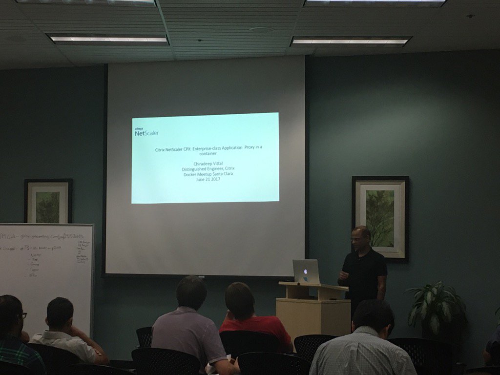 therealnikhil's tweet photo. .@chiradeep talking about @Citrix netscaler cpx. @docker #dockersantaclara https://t.co/UNqVQPTkRG