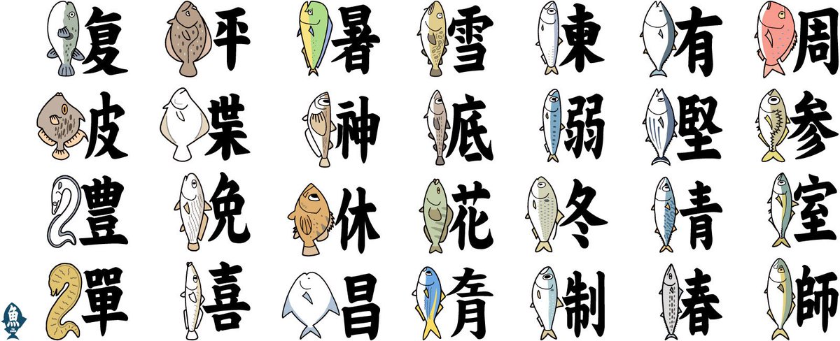 いずもり よう 魚種を表す漢字の魚偏をその魚のイラストに換えたら読み方が分かりやすくなるかと思ってやってみた ルビつきバージョンもあった方がいいな Fish Fisheries Sushi Kanji