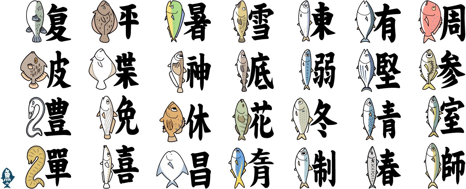 いずもり よう 魚種を表す漢字の魚偏をその魚のイラストに換えたら読み方が分かりやすくなるかと思ってやってみた ルビつきバージョンもあった方がいいな Fish Fisheries Sushi Kanji T Co Z7wocdwetj Twitter