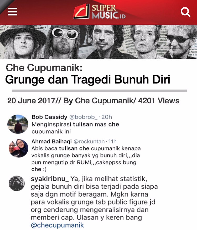 Cupumanik Band (@cupumanikband) on Twitter photo Diposting kmrn o/ <a href="/SuperMusic_ID/">SUPERMUSIC</a> tulisan t'baru Che: GRUNGE & TRAGEDI BUNUH DIRI, udah di bc 4.697 kali. Bc di sini m.supermusic.id/supernoize/che… Diposting kmrn o/ <a href="/SuperMusic_ID/">SUPERMUSIC</a> tulisan t'baru Che: GRUNGE & TRAGEDI BUNUH DIRI, udah di bc 4.697 kali. Bc di sini m.supermusic.id/supernoize/che…