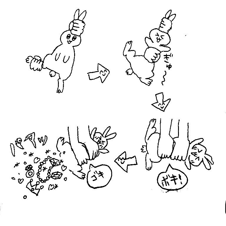 ポンポコたぬごろう V Twitter 狩ったウサギの内臓抜き動画の内容を内臓ダメな人向けにポップに描いたょ