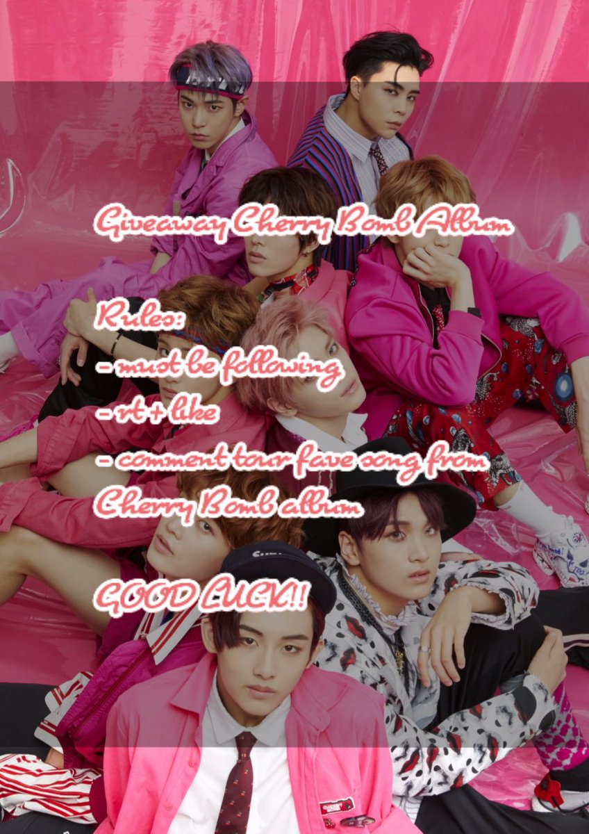 pinkimato's tweet photo. Cherry Bomb Album Giveaway! my promise for #NCT1271stwin 

- mbf
- rt + like
- comment ur fave song from cheery bomb album
ends: July 30! https://t.co/BbMr3vFWHe
