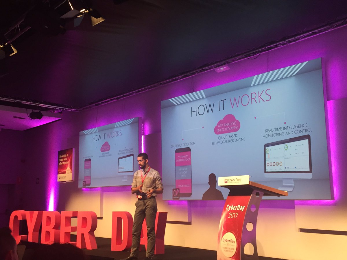 CheckPointSpain's tweet photo. Ran Schwartz: "Sandblast mobile detecta amenazas en el móvil, las analiza en la nube y monitoriza en tiempo real" #CiberDay2017 https://t.co/8HlvABzD4z