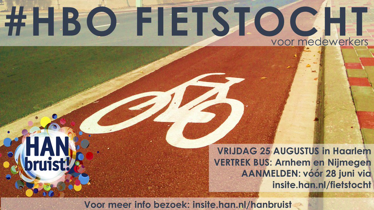 Inschrijven vóór 28 juni (a.s. woensdag) via insite.han.nl/fietstocht