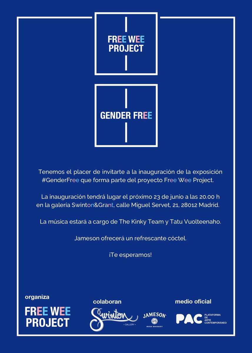 FreeWeeProject's tweet photo. ¡No queda nada! Mañana inauguramos la expo #GenderFree en @SwintonAndGrant Aquí os dejamos la invitación ¡Os esperamos! #WorldPride2017 https://t.co/OTtwOs8Bq4