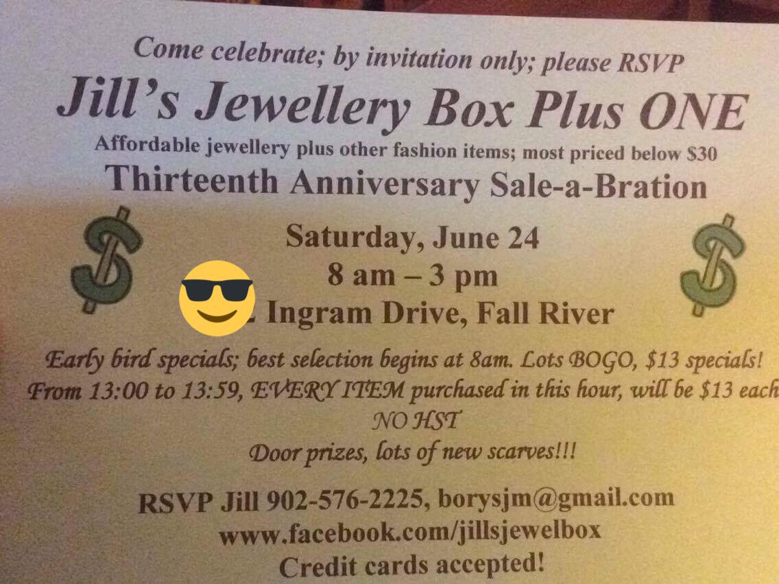JillsJewelBoxNS's tweet photo. "Watch" for specials this weekend. A preview tomorrow/Friday night 5-9pm; continues Saturday 8am-3pm $13 deals Pls spread the word #halifax https://t.co/RqYsjHScto