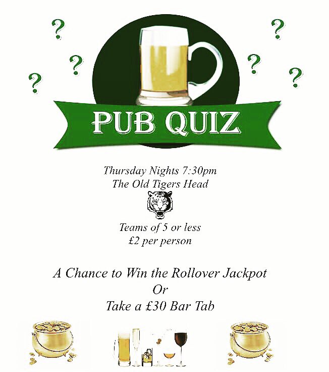 It's that time of week! Get down here and test your knowledge! The rollover jackpot is now £150 #quiz #testyourknowledge #everythursday