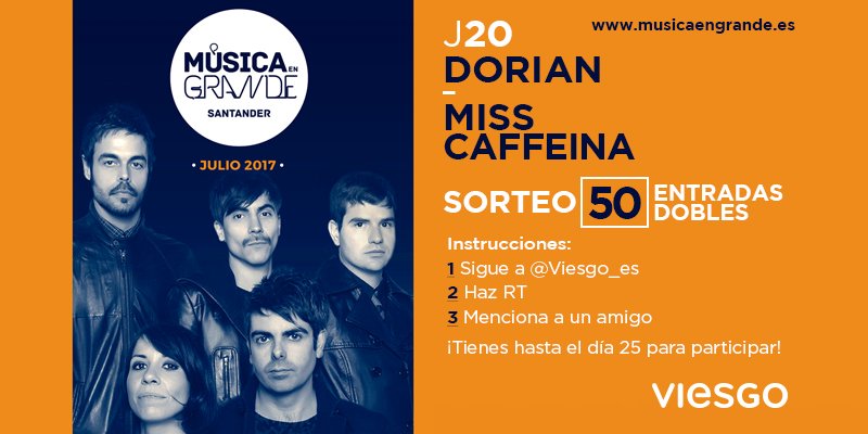 Viesgo_ES's tweet photo. ¿Quieres ver a @misscaffeina y @Dorian_Oficial en @musicaengrande? 

No esperes más, y ¡participa en nuestro sorteo! 

Instrucciones 👇🏼 https://t.co/GN7GO1qy7v
