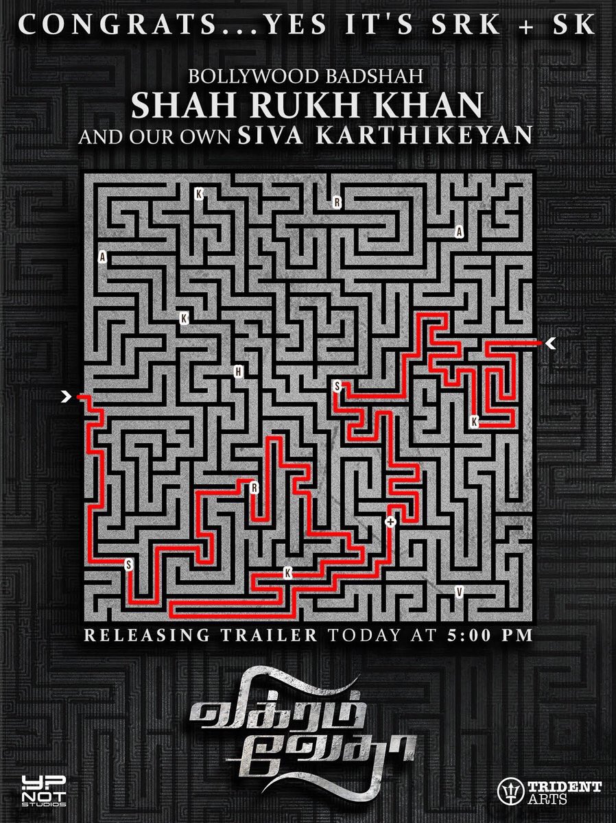 SRKCHENNAIFC's tweet photo. .@iamsrk &amp; @Siva_Kartikeyan to release the trailer of @ActorMadhavan, @varusarath, #VijaySethupathi's #VikramVedha at 5PM https://t.co/FpCayZNcnc