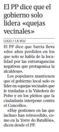 PPdeSarria's tweet photo. "O Goberno local só lidera queixas veciñais".
Vía La Voz de Galicia. https://t.co/E8DTh1wOOM