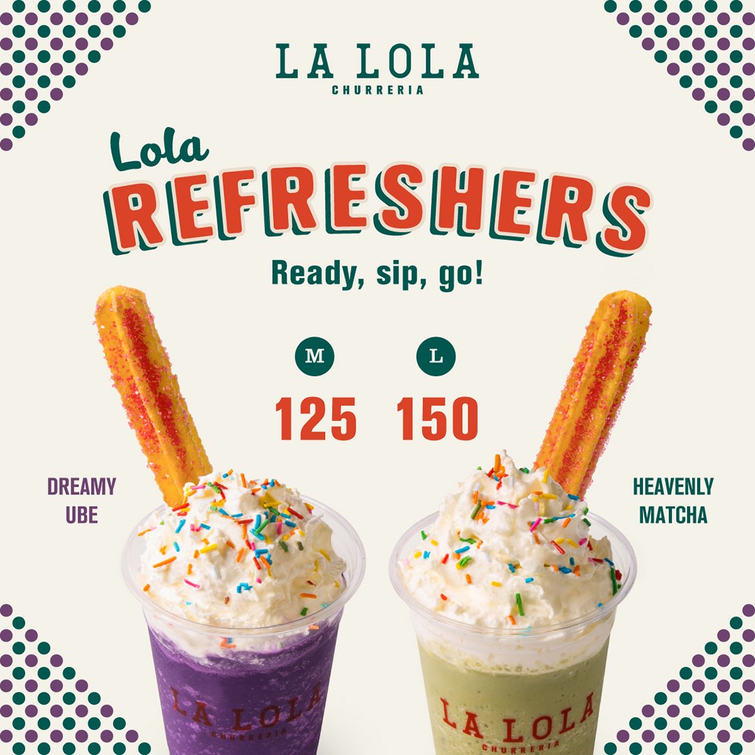 iloveglorietta's tweet photo. Time to shake things up! Try #LaLolaPH's Refreshers in Dreamy UBE or Heavenly Matcha for a cool change. Ready, sip, go! #LaLolaGlorietta https://t.co/5V0Ts9tFxa