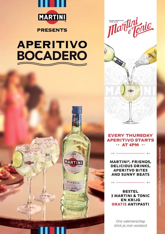 Aperitivo Bocadero, Every Thursday 16u - 18u.
Koop 2 Martini&amp;Tonics en krijg een gratis bordje Antipasta.