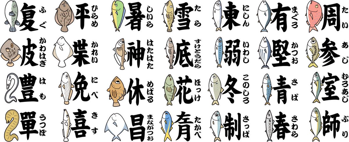 いずもり よう 魚種を表す漢字の魚偏をその魚のイラストに換えたら読み方が分かりやすくなるかと思ってやってみた ルビつきバージョンもあった方がいいな Fish Fisheries Sushi Kanji