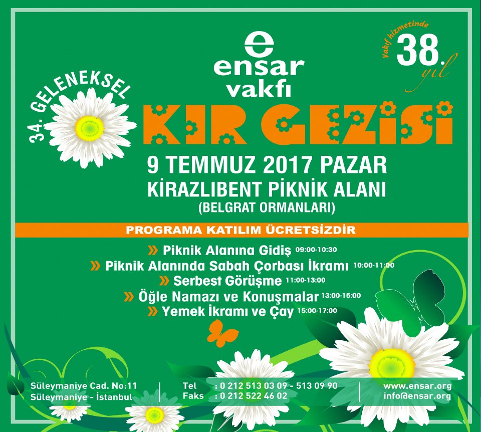 Her sene geleneksel olarak gerçekleştirdiğimiz ve bu sene 34'üncüsünü gerçekleştireceğimiz 'Kır Gezisi'ne davetlisiniz.