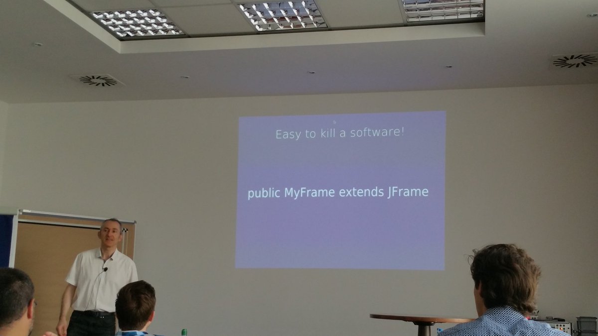bitschupser's tweet photo. "If you want to kill software, use inheritance" François Lorioux on long lasting software @Clean_Code_Days #ccd17 https://t.co/F82aiVEGmx