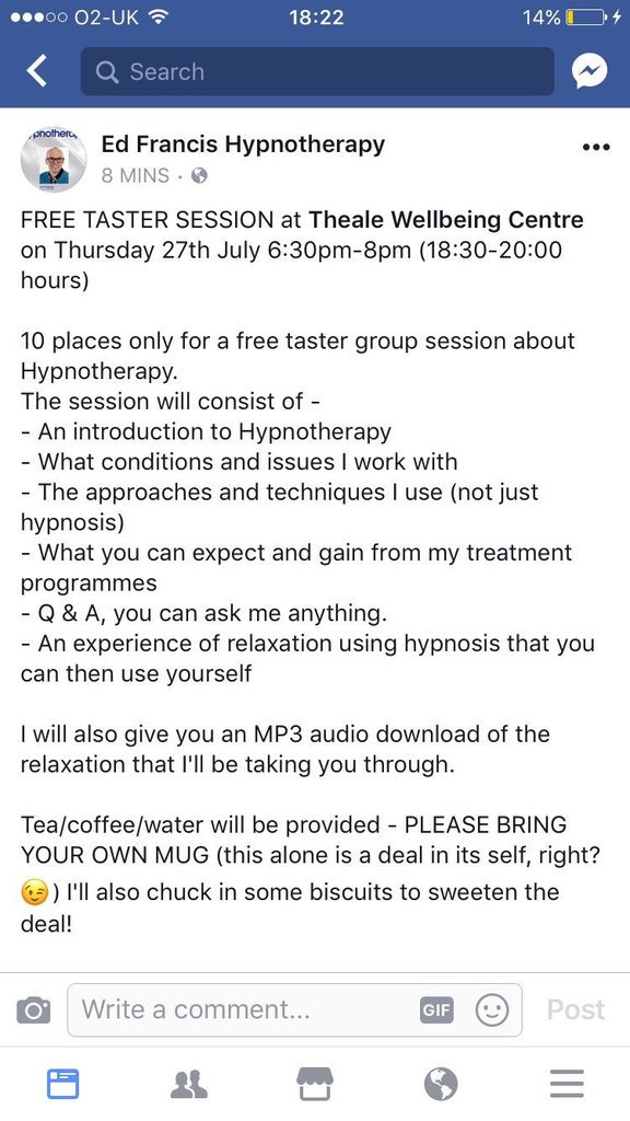 BerkshireTweets's tweet photo. ReadingGuide : RT Edfrancishypno: FREE TASTER SESSION AT thealewellbeing INFO IN THE PIC #Rdguk #Reading #berkshir… https://t.co/aidfs9JYUh) https://t.co/OtRCgPpufe
