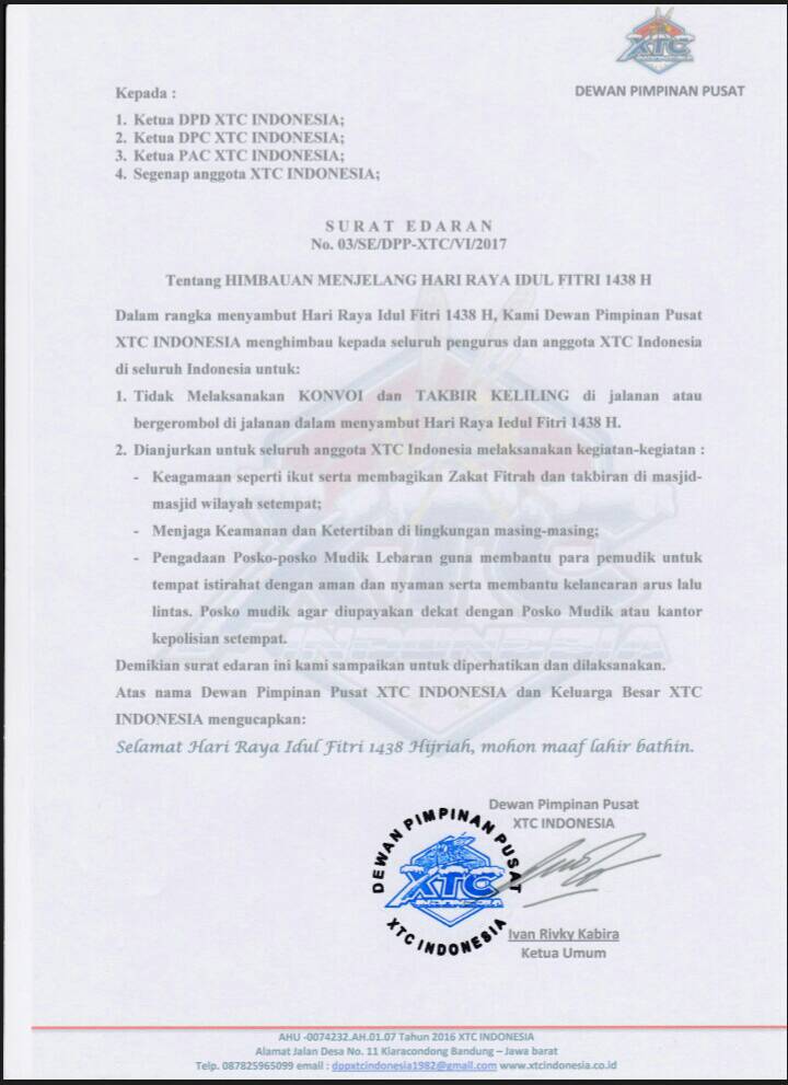 Surat edaran dari DPP XTC INDONESIA untuk menyambut hari raya lebaran idul fitri 1438 H untuk semua anggota XTC INDONESIA dimanapun berada.