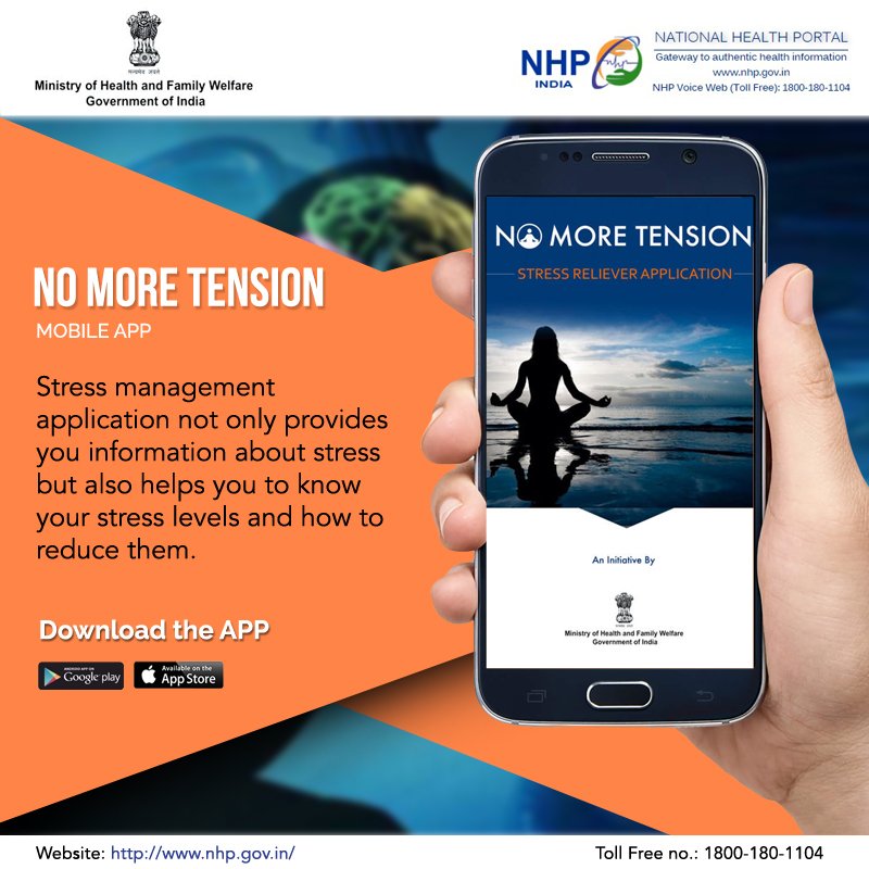NHPINDIA's tweet photo. Checkout the No More Tension Mobile App to know about the #stress levels &amp; to reduce the same.
Visit: https://t.co/VrVAZ0W67O
#SwasthaBharat https://t.co/VZa2X2VYBJ