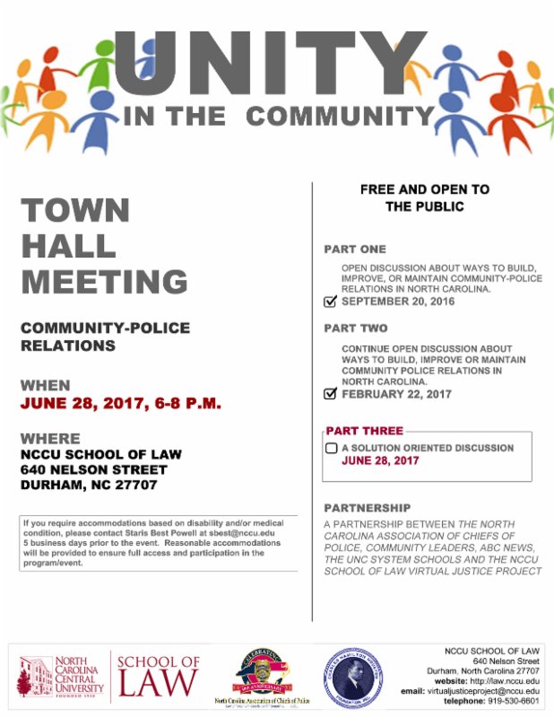 .<a href="/NCCULAW/">North Carolina Central University School of Law</a> will host the third installment of the town hall-style meeting on community-police relations on 6/28 from 6 to 8 p.m. #NCCU