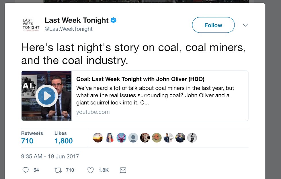 thehill's tweet photo. Top coal exec is suing John Oliver for defamation https://t.co/JbaUYJEeHq https://t.co/JdncCGz7rW