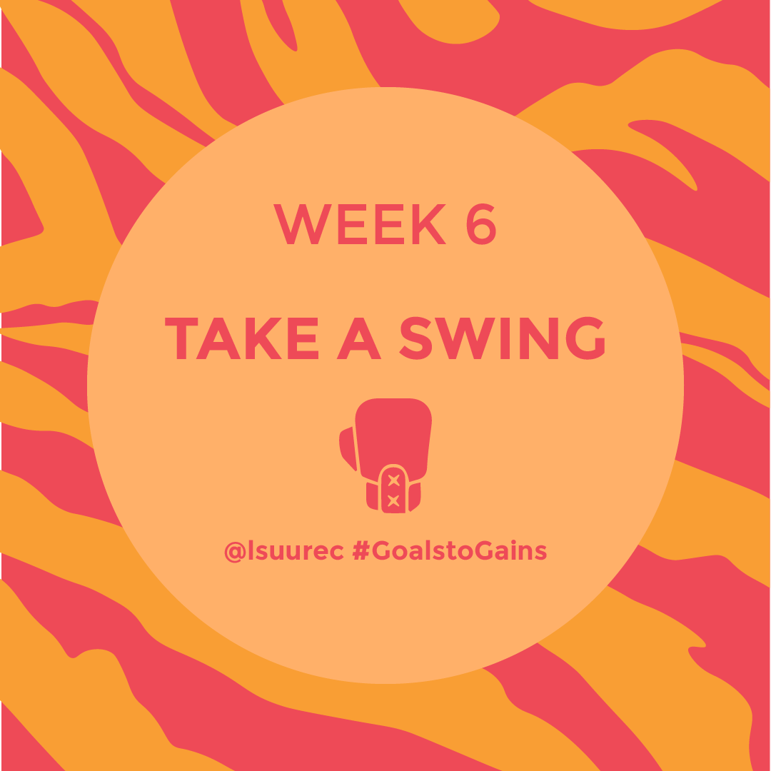 LSUUREC's tweet photo. Float like a butterfly, sting like a...tiger? Take a swing this week! Post a pic, tag @lsuurec & #goalstogains https://t.co/7nQNha29K3 https://t.co/rL3clPPbL7