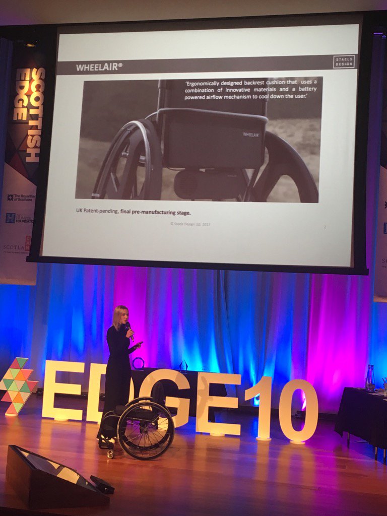 Thinktastic's tweet photo. @StaelsDesign air circulation for wheelchair users brings vital comfort and health. Brilliant! @ScottishEDGE #edge107 https://t.co/eEnVlDp3IC