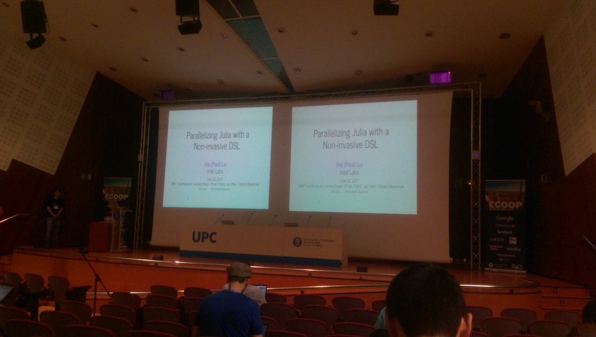 Simon_JF's tweet photo. Implementation session, starting with "Parallelising Julia with a Non-invasive DSL" #ECOOP17 #ECOOP2017 https://t.co/pCS61knm9g
