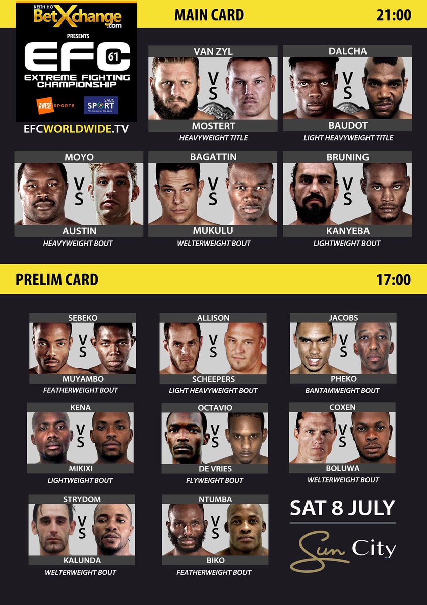 SUN CITY FIGHT CARD #EFC61 
The heavyweights are throwing down in 16 days!