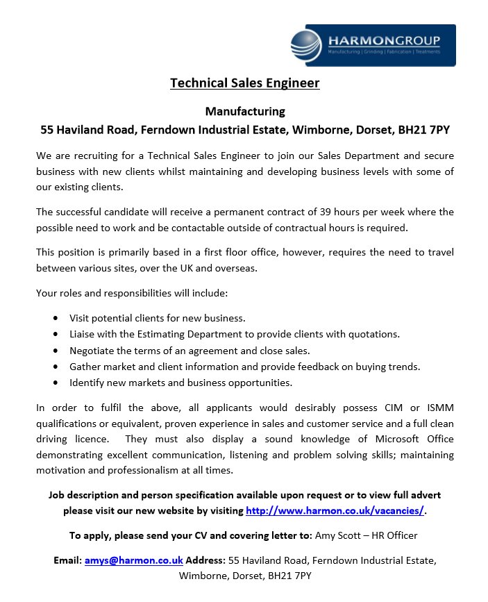 Harmon_Group's tweet photo. New Vacancy - Technical Sales Engineer https://t.co/9dLKEVSAd1