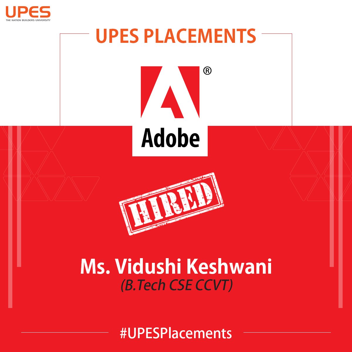 UPESDehradun's tweet photo. #Congratulations Ms. Vidushi Keshwani from #BTech CSE (CCVT) on converting the #placement opportunity with Adobe India.
#UPES #SuccessFirst https://t.co/h2I4X0G1RU