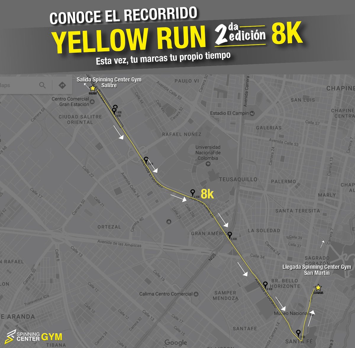 Preparate para nuestro recorrido de la segunda edición de la #YellowRun. Está vez son #8K. Corre con #ActitudSpinning.