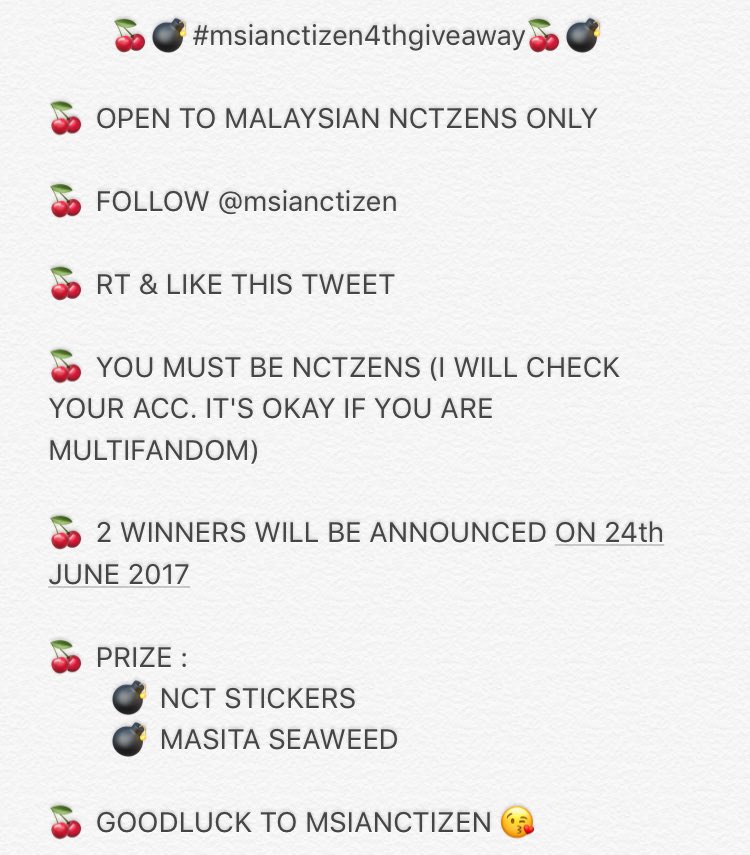 🍒💣msianctizen GA Event🍒💣

🍒Pls read details 👇
🍒Reply this tweet with congrats msg to NCT with #Cherrybomb1stwin only within tweet limits 😊