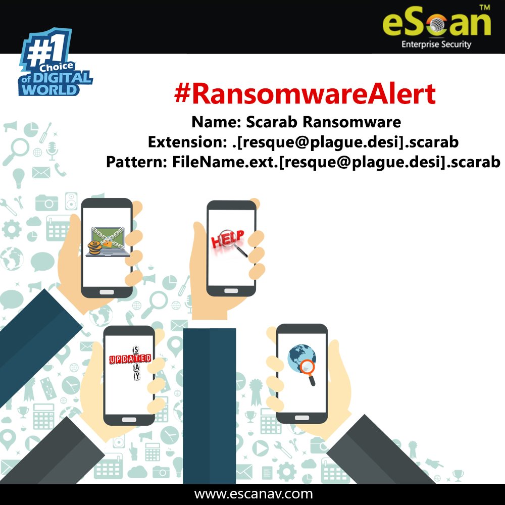 escan_tweet's tweet photo. #Nomoreransom
#Scarab #Ransomware is the new #ransomware
Get protected by our #PBAETechnology now: https://t.co/6IThfmKQ0p #RansomwareAlert https://t.co/2RMl9CLxLR