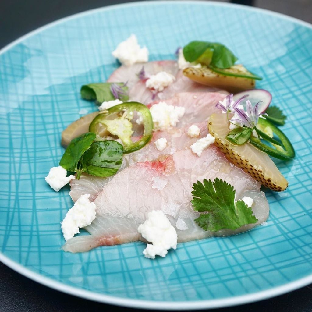 Hamachi Crudo - house made buttermilk ricotta. jalapeño. pickled green strawberries - <a href="/eatatgunther/">Gunther & Co.</a> ift.tt/2sUiVT4