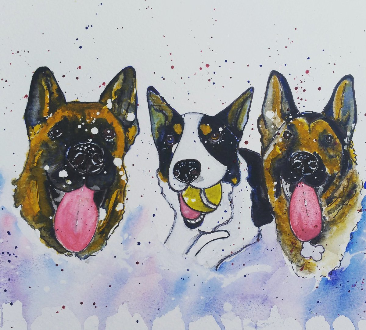 DNightingaleart's tweet photo. Meet Barclay Luka and kaya 
#petportrait #bordercollie #germanshepherd #pooch #davidnightingaleart #dogs #watercolor #watercolour #art🎨 https://t.co/Lz1rJaObMZ