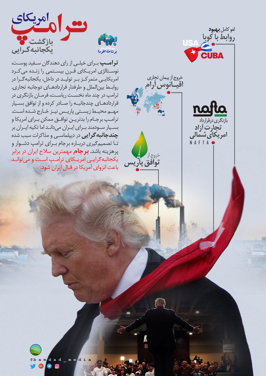 bamdad_media's tweet photo. امریکای ترامپ؛ بازگشت یکجانبه‌گرایی
#اینفوگرافیک #برجام #ترامپ 
© #بامدادان https://t.co/AvZi1Wq9UP